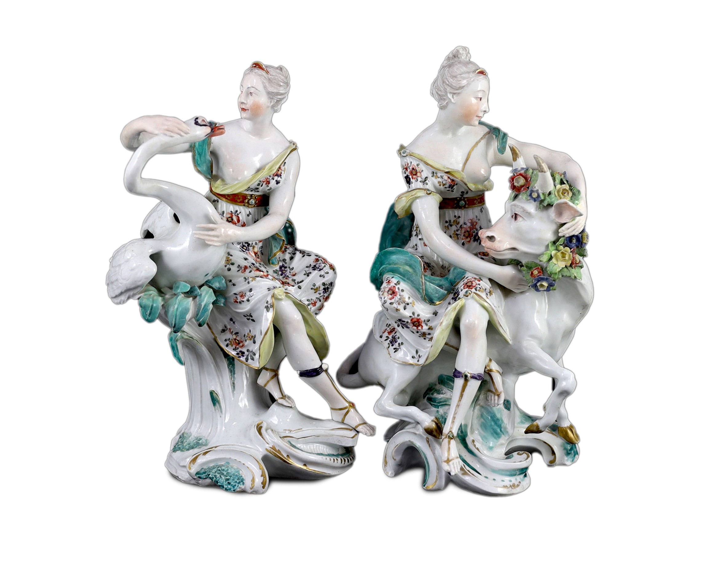 A rare pair of Derby figures of Leda and the Swan and Europa and the Bull, c.1765, 26.5 and 27.5cm high 26.5cm and 27.5cm high, restorations
